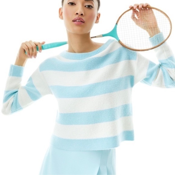 Alice and Olivia Bauer Stripe Print Off-Shoulder Sweater - Picture 1 of 11